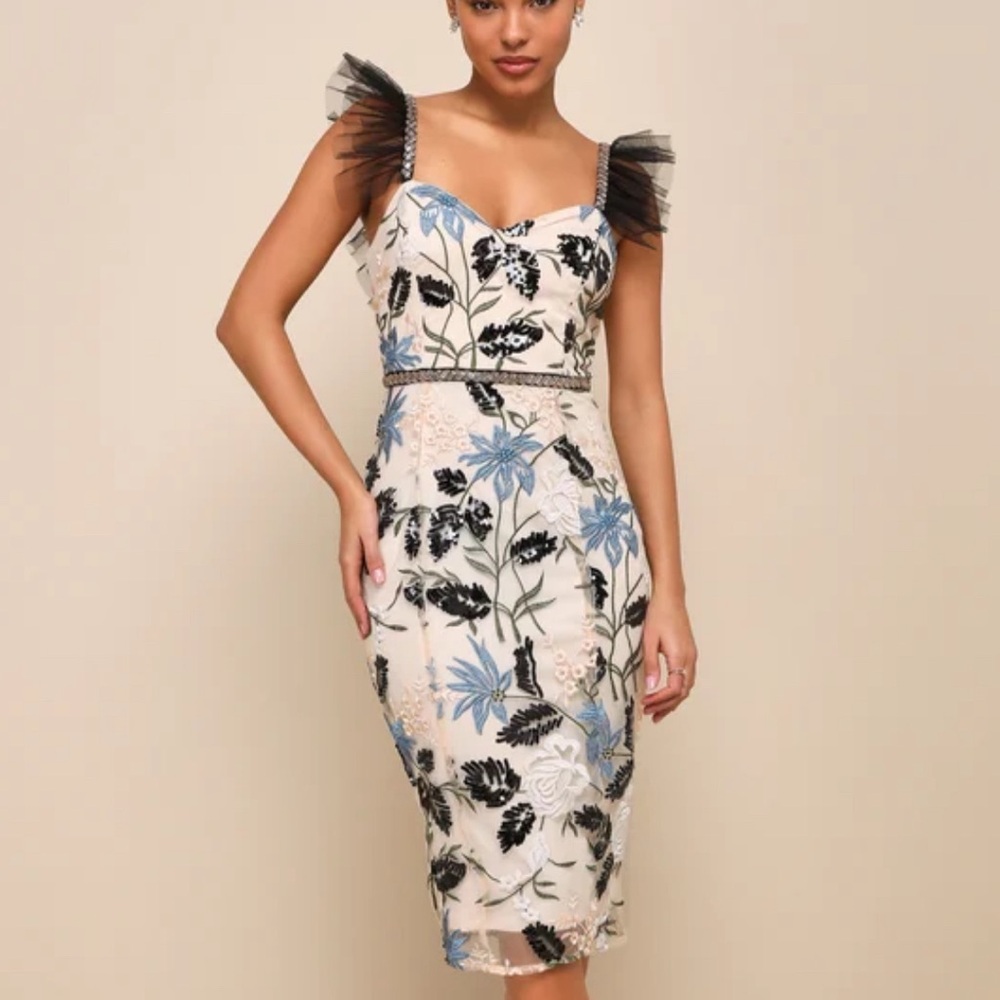 Show Stopper Cream Embroidered Sequin Bodycon Midi Dress